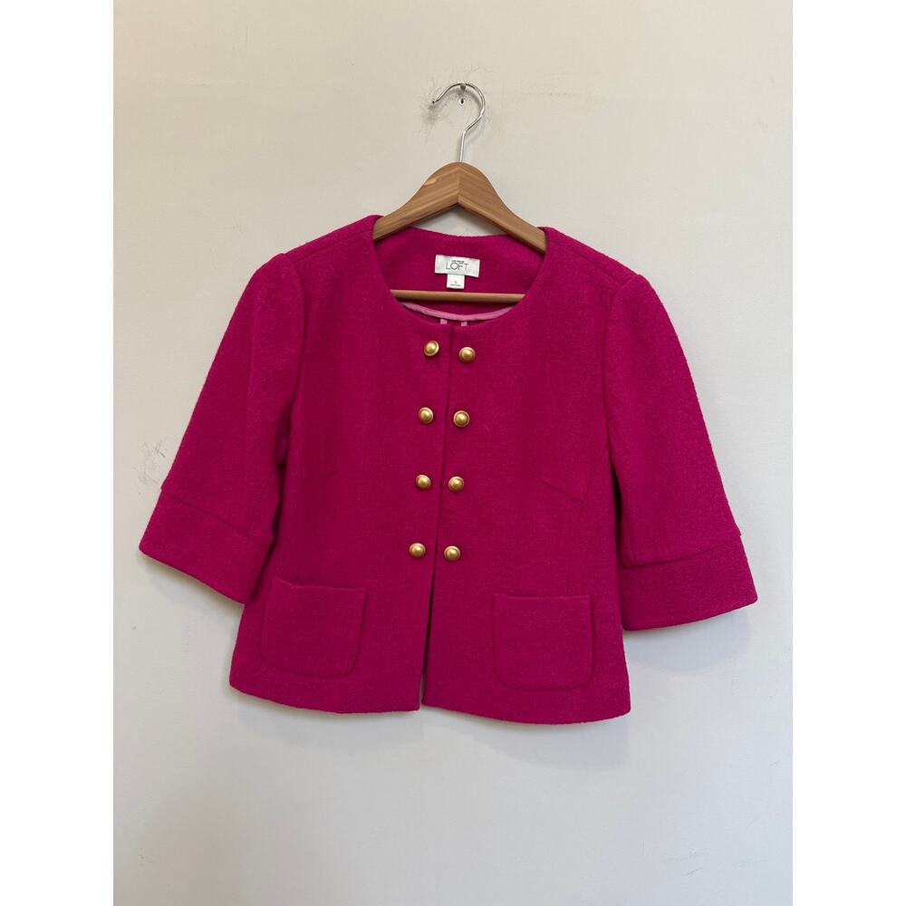 LOFT Pink Wool Blend Cropped Blazer Gold Button Feminine Workwear Preppy Small